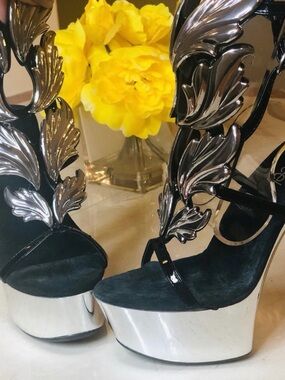 Black and Silver Leaf-Detail Platform Heels